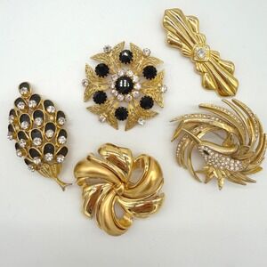 Vintage Gold Tone Brooch Lot of 5 Monet Celebrity NY Rhinestone Statement Pins